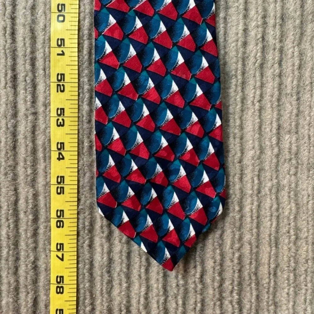 Milano Handmade All Silk Geometric Abstract Mosaic Necktie Red Navy Teal 58in